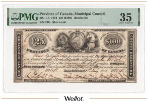 100 Долларов 1851 Канада Броквилл Муниципальный Совет PMG 35 VF